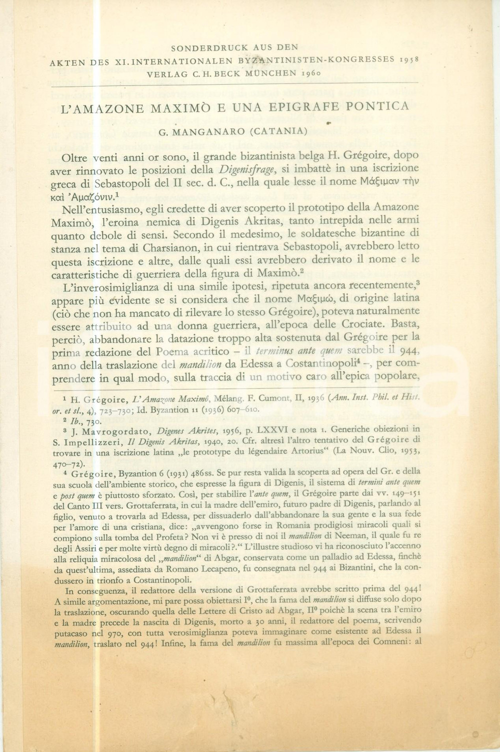 Libro, pubblicazione d epoca 1960 Giacomo MANGANARO L amazone MaximÃ² e una epigrafe pontica Estratto 1