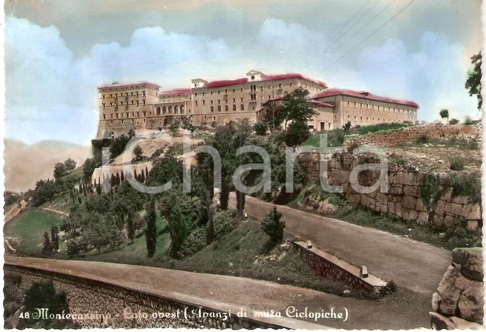 Cartolina originale da collezione 1950 ca MONTECASSINO (FR) Lato ovest dell'ABBAZIA e mura ciclopiche *Cartolina 1