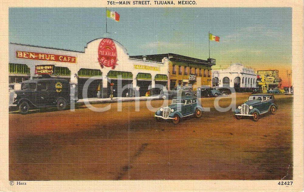 Cartolina originale da collezione 1950 ca TIJUANA MEXICO Main street and BENHUR CAFE Cerveja MEXICAN Vintage 1