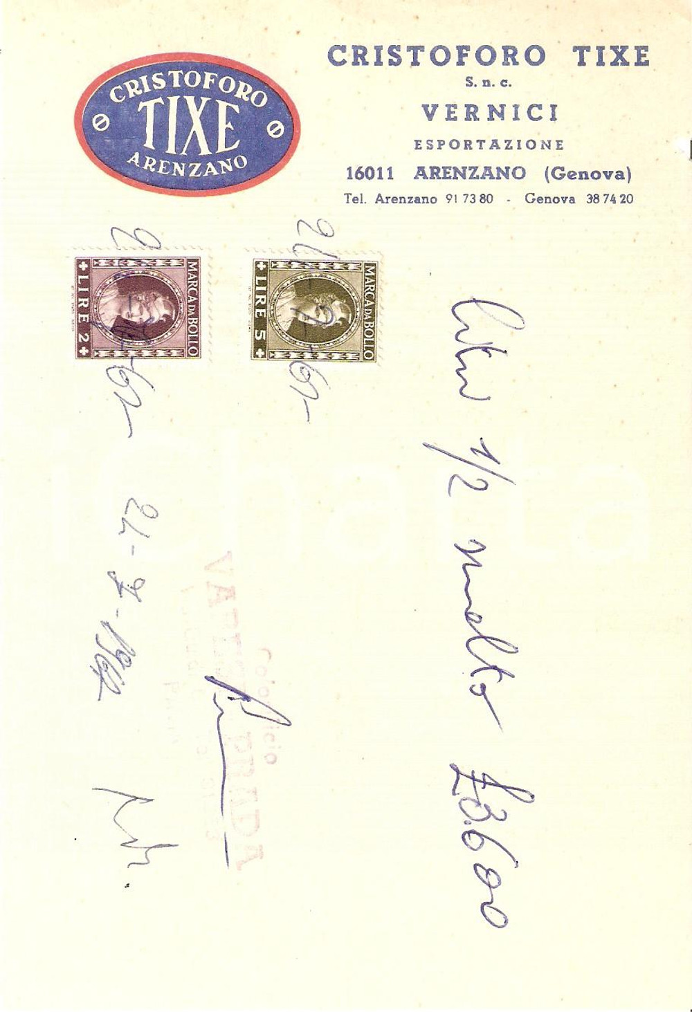 Materiale pubblicitario d’epoca 1965 ca ARENZANO (GE) Vernici Cristoforo TIXE *Ricevuta 11x17 cm 1