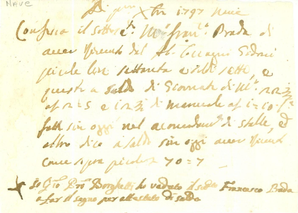 Documento originale, autentico 1797 NAVE BS Francesco PRADA riceve compenso per lavoro nelle stalle Documento 1