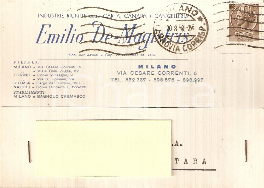 Cartolina originale da collezione 1958 MILANO Emilio DE MAGISTRIS Industrie carta e canapa *Cartolina Commerciale 1