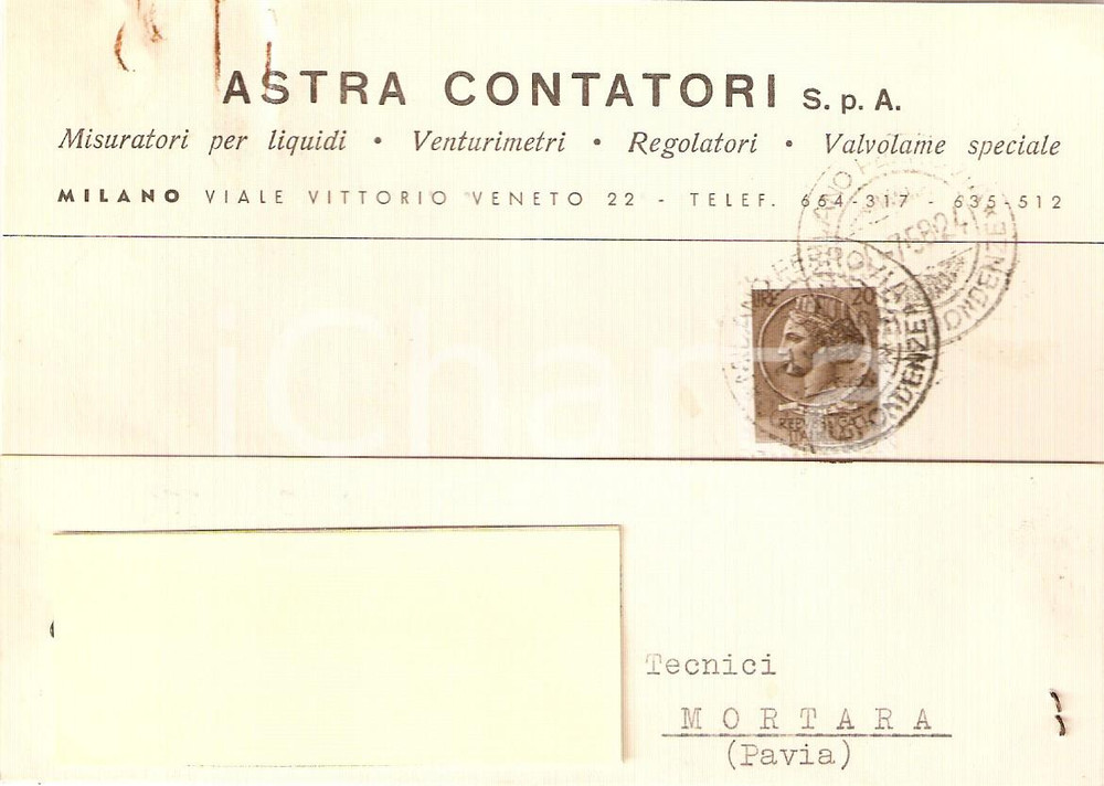 Cartolina originale da collezione 1958 MILANO Ditta ASTRA CONTATORI Misuratori per liquidi *Cartolina Commerciale 1
