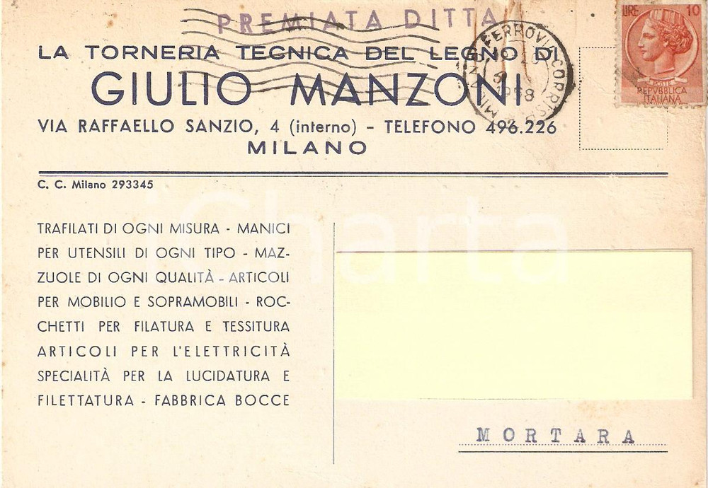 Cartolina originale da collezione 1958 MILANO Torneria tecnica del legno di Giulio MANZONI Cartolina Commerciale 1