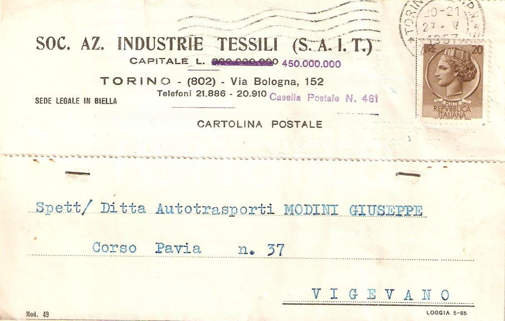 Cartolina originale da collezione 1957 TORINO Società Azienda Industrie Tessili SAIT Cartolina Commerciale 1