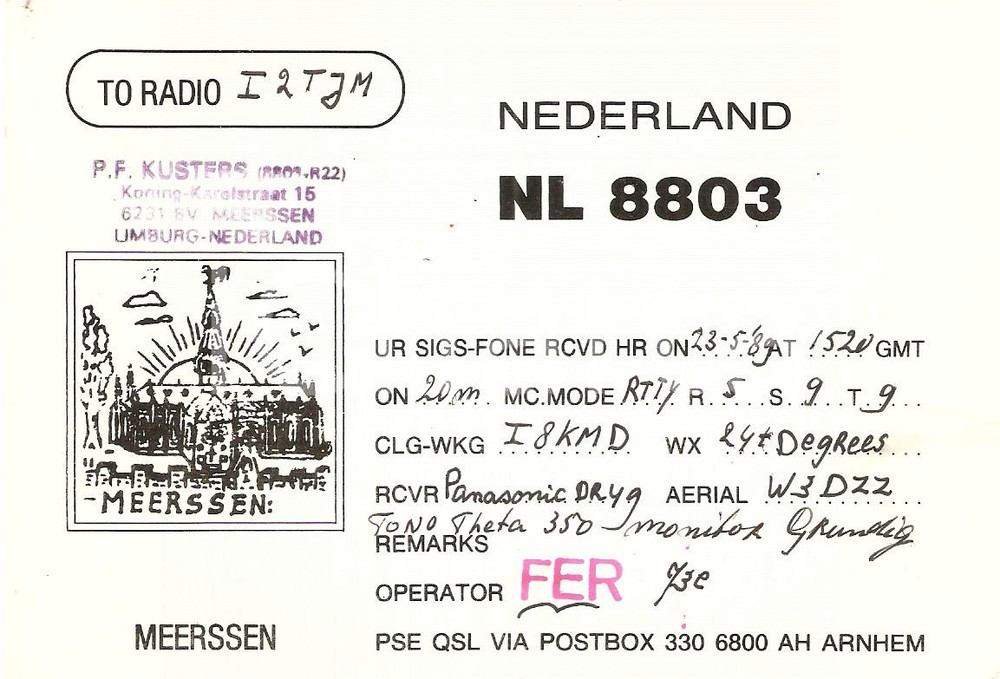 Cartolina originale da collezione 1989 MEERSSEN NEDERLAND Radio Club Cartolina QSL ILLUSTRATA 1
