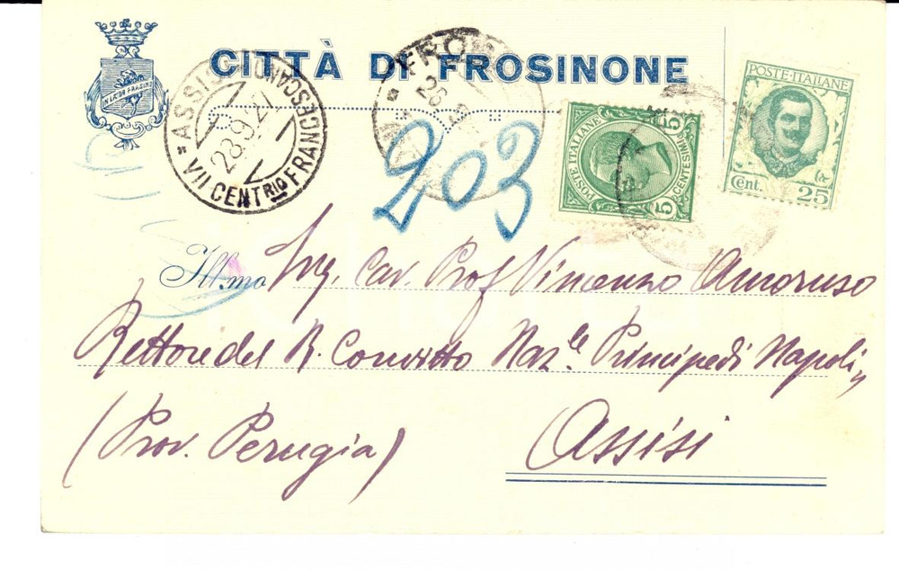 Cartolina originale da collezione 1927 STORIA POSTALE FROSINONE Annullo speciale ASSISI VII Centenario Francescano 1