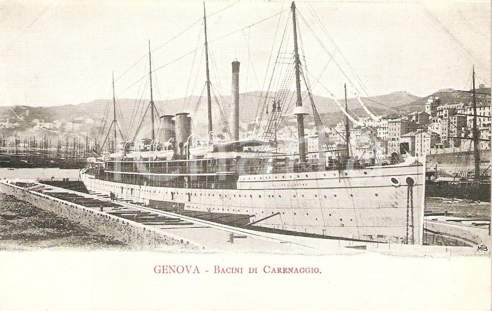 Cartolina originale da collezione 1905 ca GENOVA Transatlantico KAISER WILHELM II ai bacini di carenaggio FG NV 1