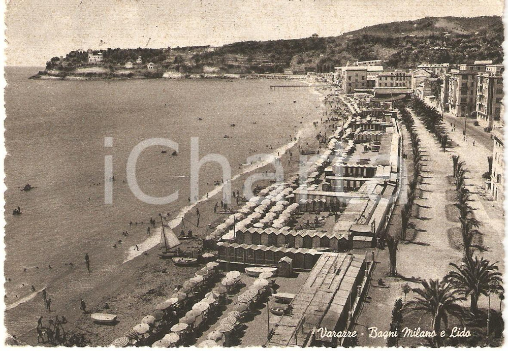 Cartolina originale da collezione 1953 VARAZZE (SV) Panorama con BAGNI MILANO e Lido *Cartolina FG VG 1