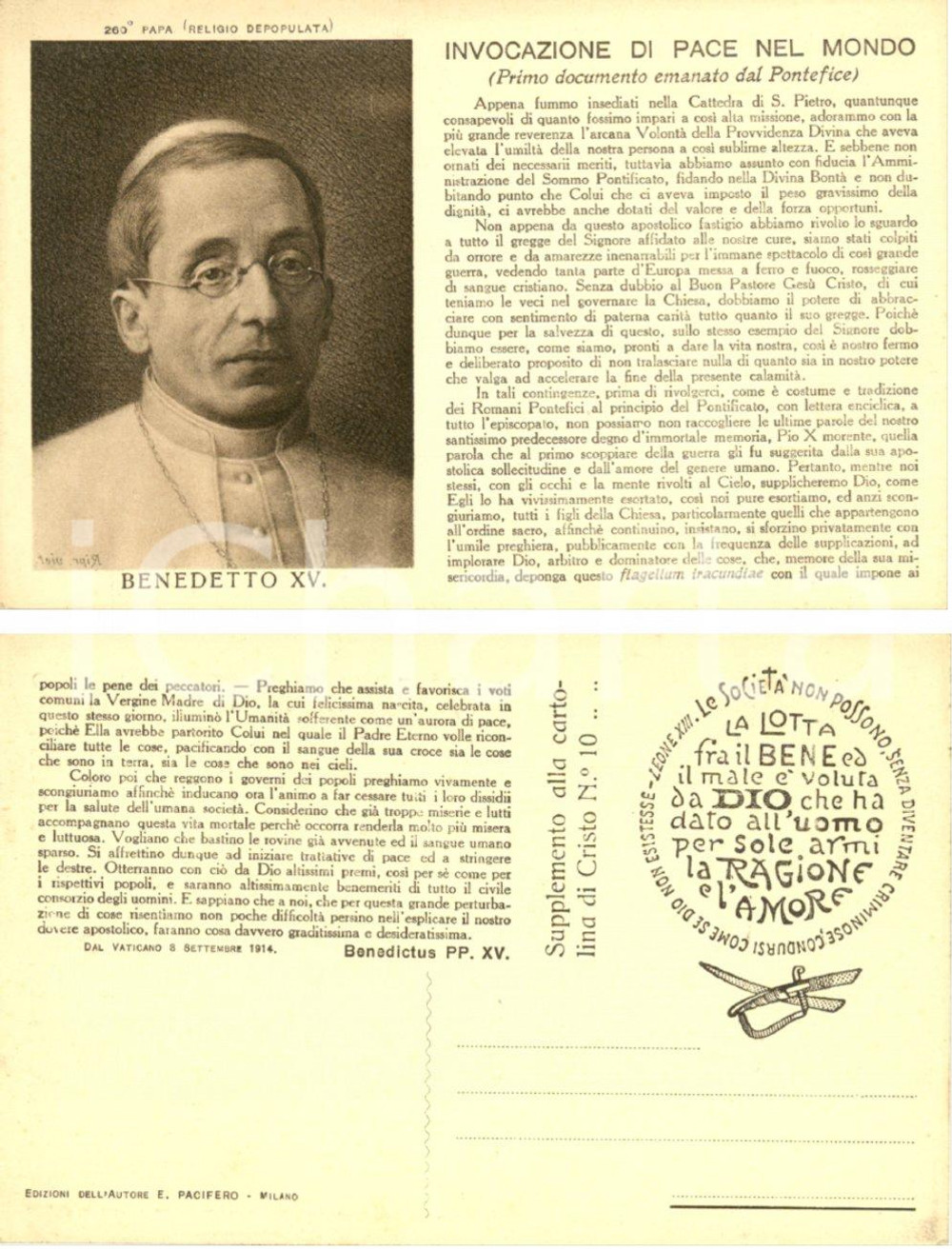Cartolina originale da collezione 1914 VATICANO Invocazione di pace nel mondo di Papa BENEDETTO XV Cartolina FP NV 1