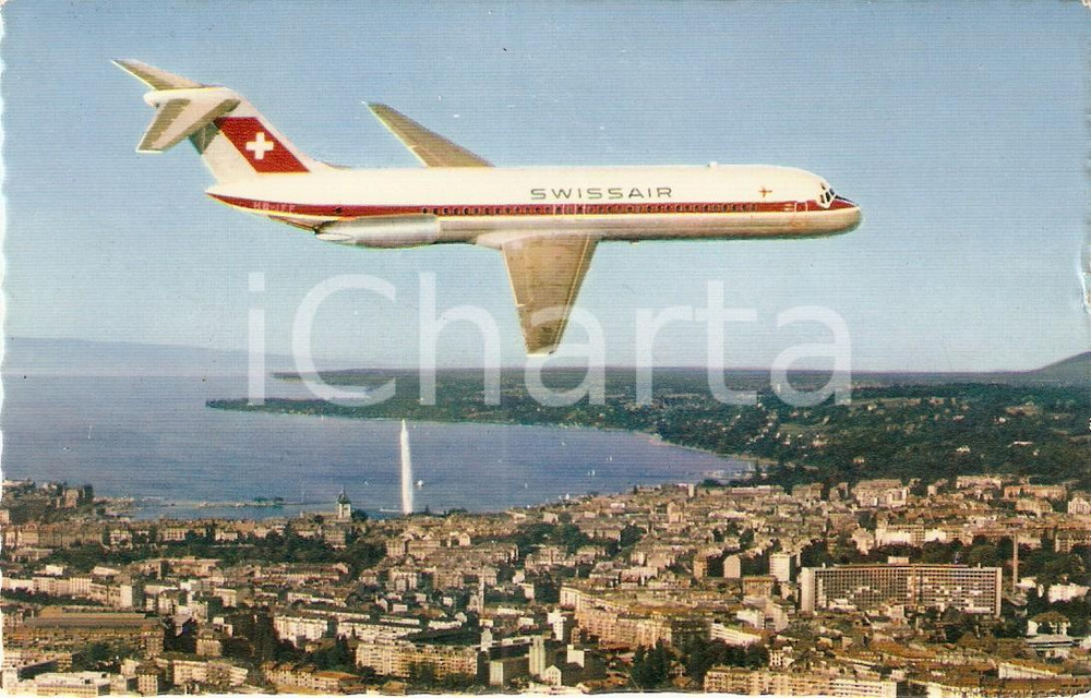 Cartolina originale da collezione 1969 GENEVE - SWISSAIR Aereo DOUGLAS DC-9-32 sorvola la cittÃ  *Cartolina 1