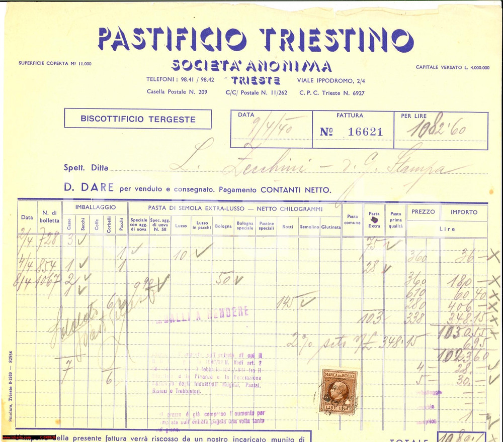 Documento originale, autentico 1940 TRIESTE Pastificio Triestino vende a L. ZECCHINI 1