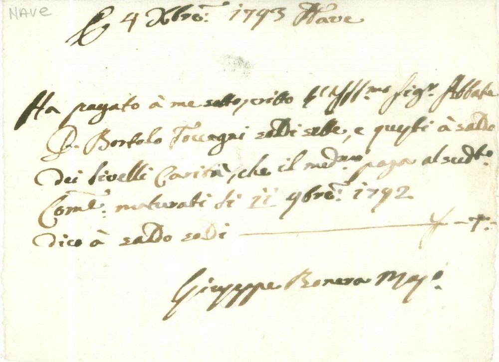 Documento originale, autentico 1793 NAVE BS Bortolo TOCCAGNI paga livelli alla CaritÃ  Ricevuta 1