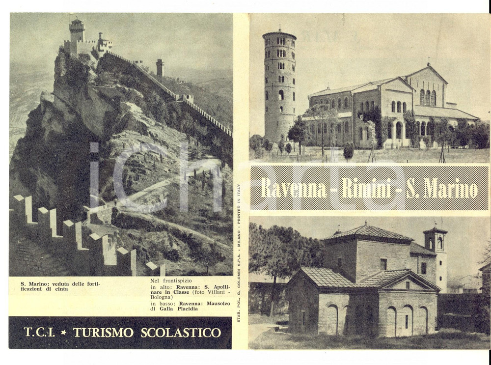 Materiale pubblicitario d’epoca 1930 ca TCI RAVENNA  RIMINI  SAN MARINO Pieghevole pubblicitario TURISMO 1