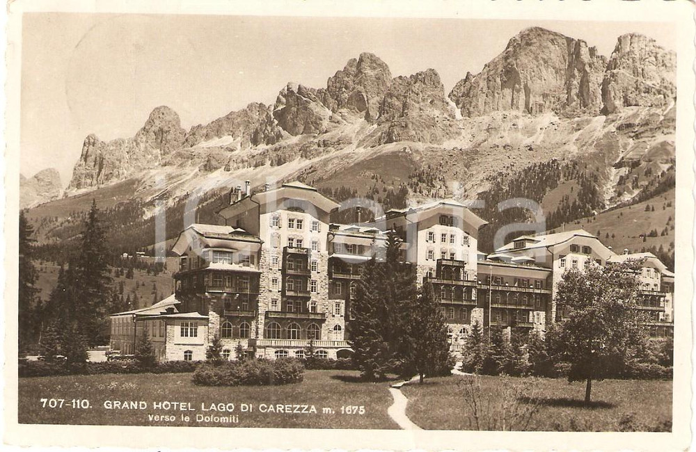 Cartolina originale da collezione 1937 NOVA LEVANTE (BZ) Grand hotel LAGO DI CAREZZA verso le Dolomiti *Cartolina 1
