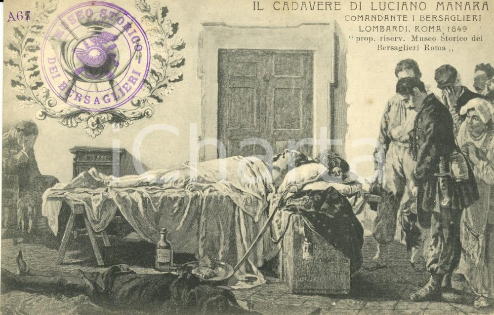 Cartolina originale da collezione 1900 ca ROMA Cadavere di Luciano MANARA *ILLUSTRATA FP Timbro MUSEO BERSAGLIERI 1