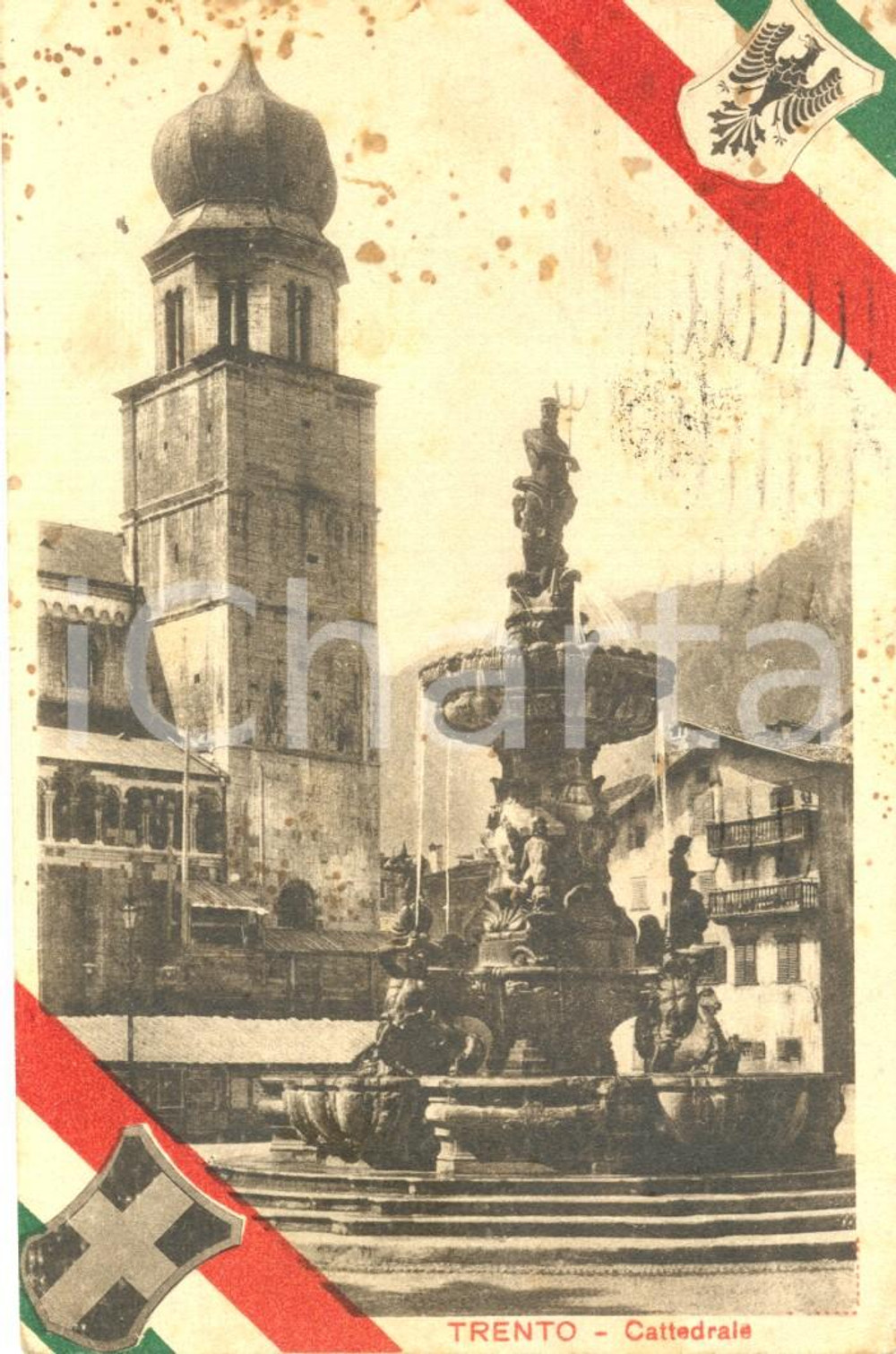 Cartolina originale da collezione 1924 Trento, San Vigilio e fontana *Veduta d'epoca 1