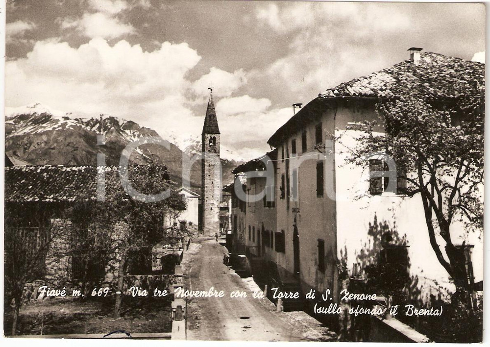 Cartolina originale da collezione 1953 FIAVE' (TN) Via tre Novembre con Torre S. Zenone *Cartolina postale FG VG 1