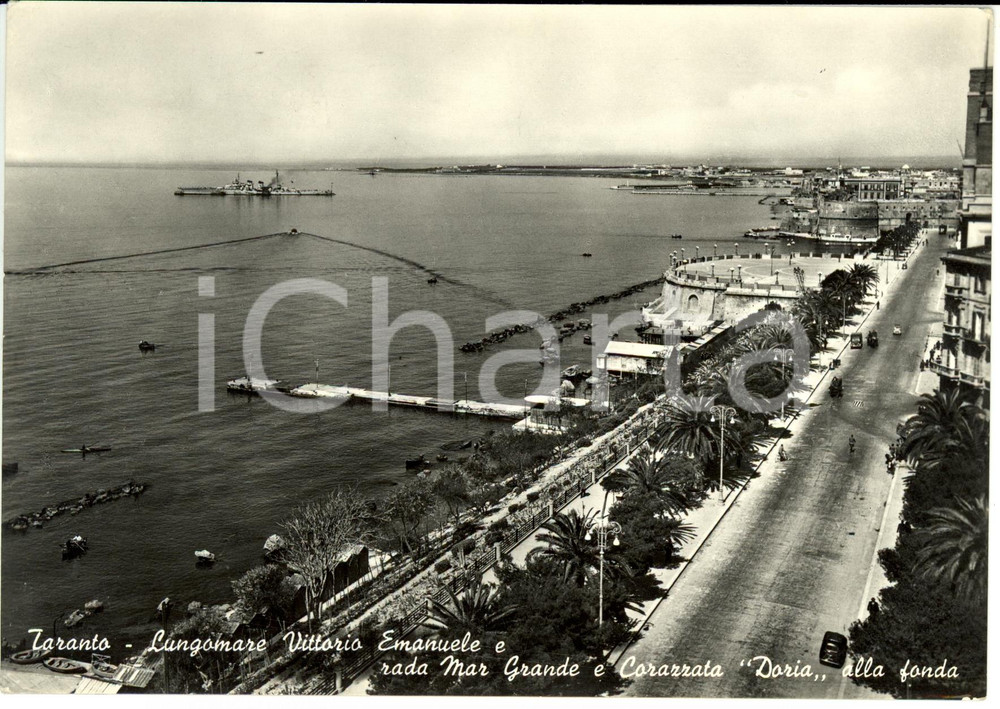 Cartolina originale da collezione 1953 TARANTO Lungomare Vittorio Emanuele e Corazzata DORIA *Cartolina FG VG 1