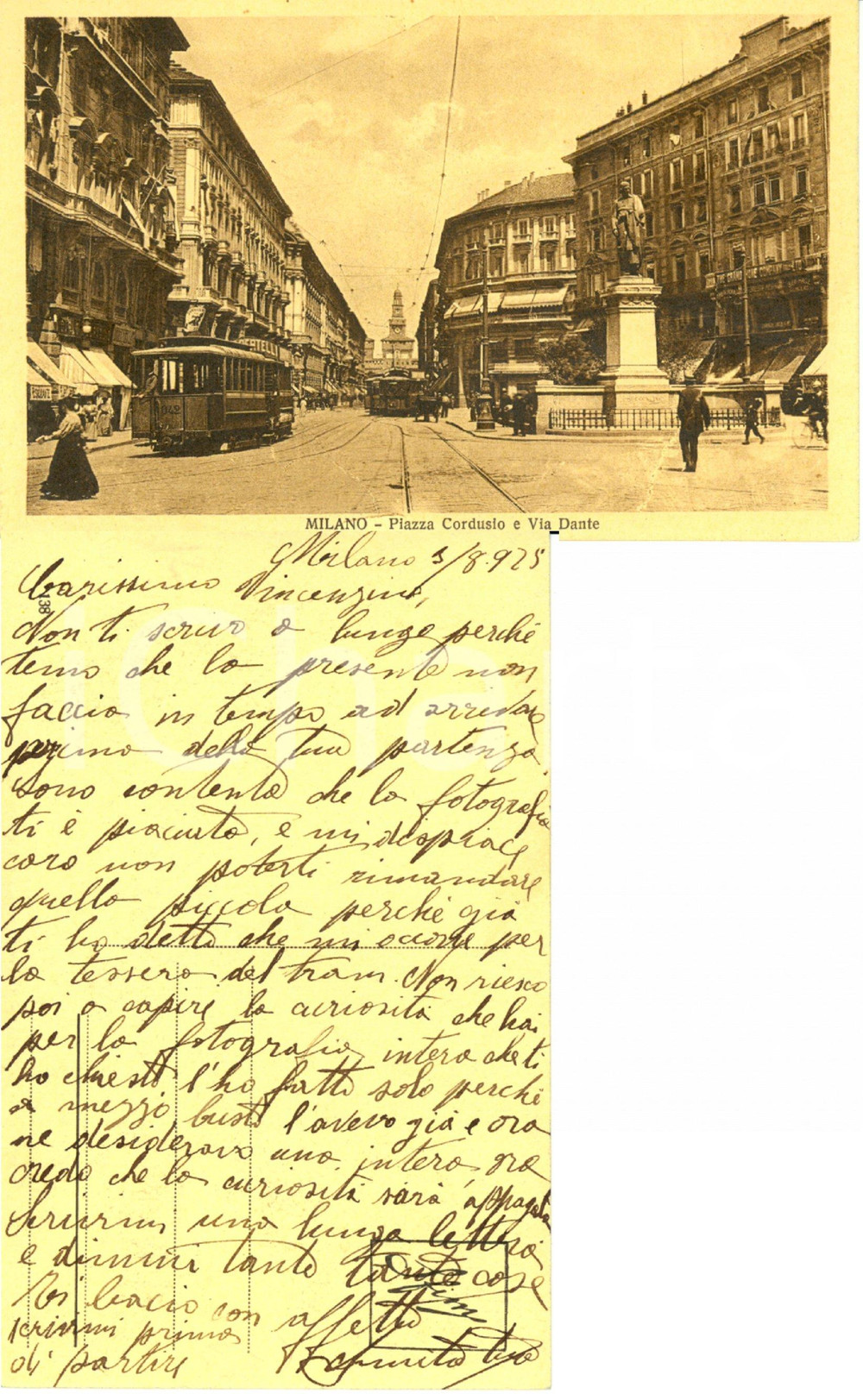 Cartolina originale da collezione 1925 MILANO Piazza CORDUSIO e via DANTE ANIMATA con tram 1