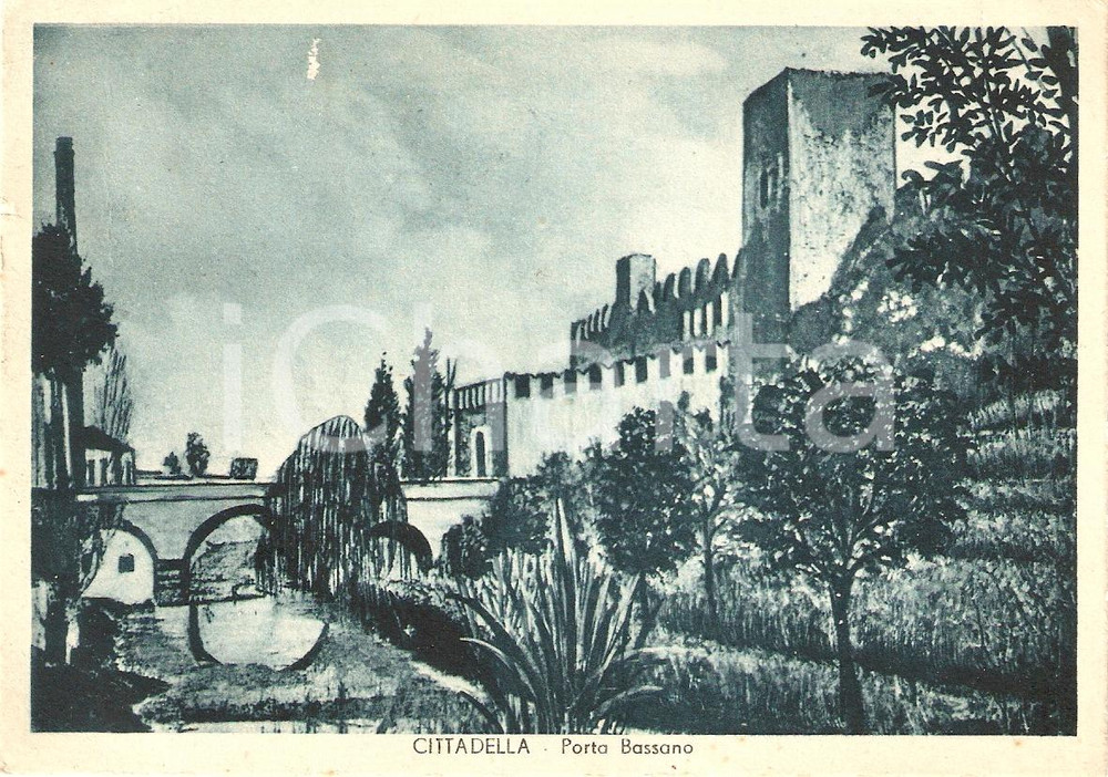 Cartolina originale da collezione 1950 CITTADELLA PD Panorama Porta Bassano ILLUSTRATA Cartolina FG VG 1