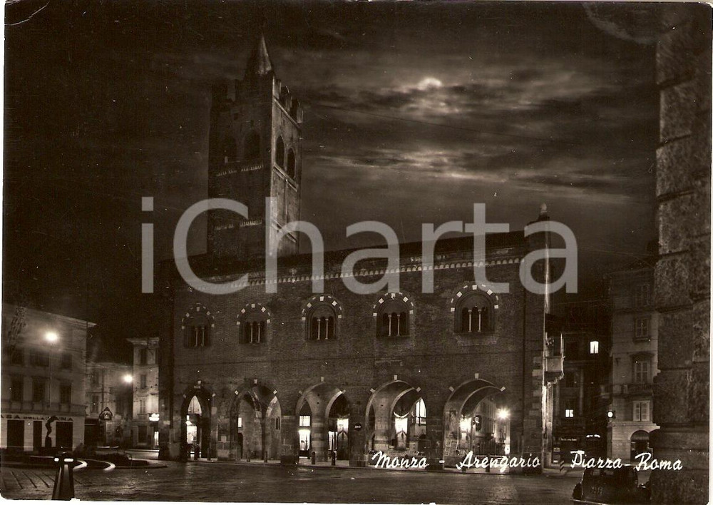 Cartolina originale da collezione 1954 MONZA Panorama notturno di Piazza Roma e ARENGARIO *Cartolina FG VG 1