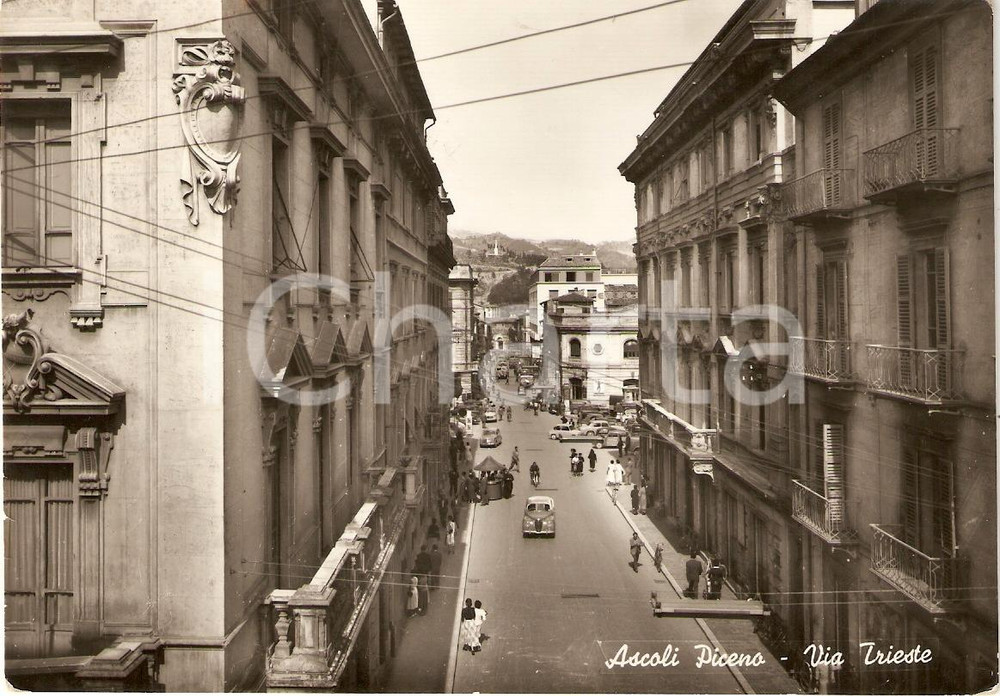Cartolina originale da collezione 1956 ASCOLI PICENO Veduta aerea di VIA TRIESTE Animata Cartolina FG VG 1