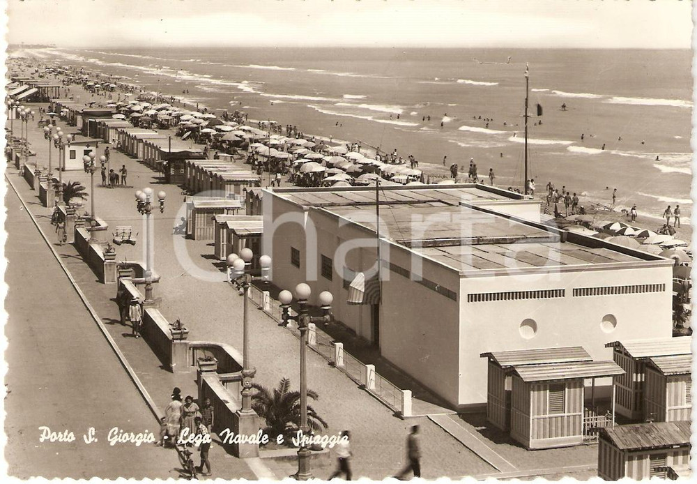 Cartolina originale da collezione 1959 PORTO SAN GIORGIO FM Veduta aerea Spiaggia e LEGA NAVALE Cartolina FG VG 1