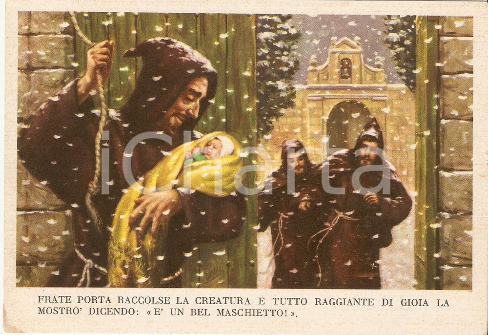 Cartolina originale da collezione 1955 ca MARCELLINO PANE E VINO ill. Dario Gobbi FRATI TROVANO NEONATO FG NV 1