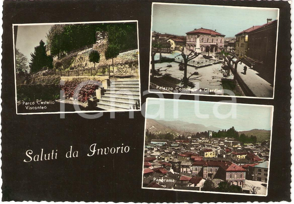 Cartolina originale da collezione 1955 INVORIO NO Vedutine PARCO CASTELLO VISCONTEO Palazzo Comunale FG VG 1