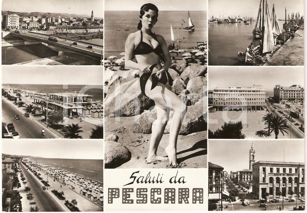Cartolina originale da collezione 1958 PESCARA Vedutine con PINUP Cartolina animata FG VG 1
