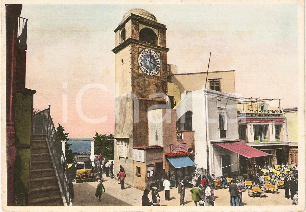 Cartolina originale da collezione 1950 ca CAPRI NA Piazza col campanile Cartolina animata FG NV 1