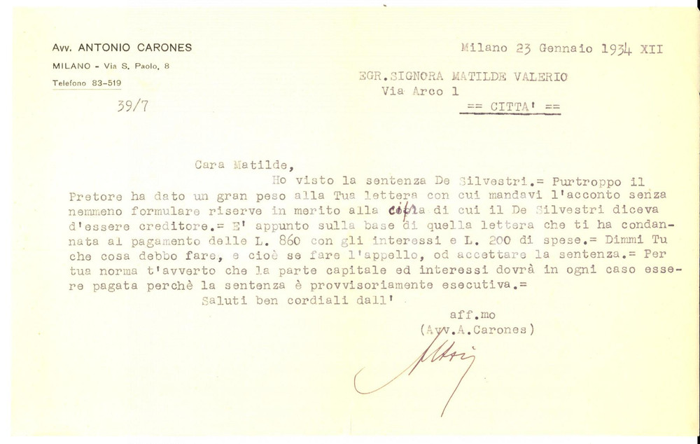 Manoscritto, lettera originale 1934 MILANO Avv. Antonio CARONES su sentenza DE SILVESTRI Lettera 1