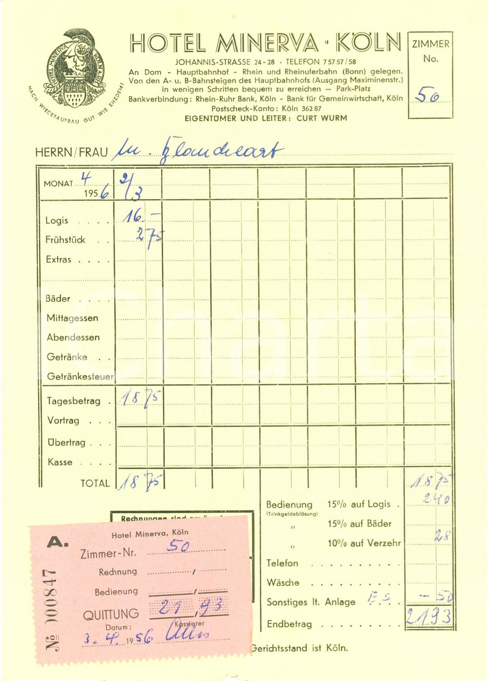 Oggetto da collezione cartaceo 1956 KOLN DE Conto ristorante Hotel MINERVA Fattura 1