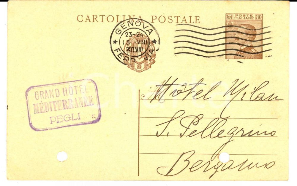 Cartolina originale da collezione 1930 GENOVA PEGLI M. PIZZETTI Grand Hotel MEDITERRANEE Cartolina FP VG 1