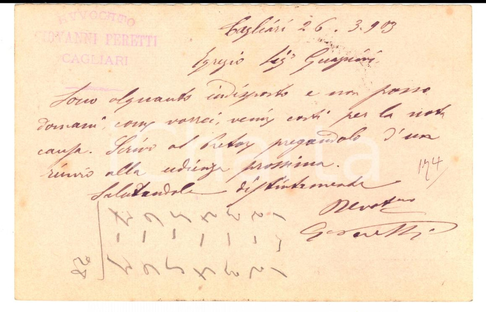 Documento originale, autentico 1903 CAGLIARI Avv. Giovanni PERETTI a possidente Emilio GUAGNINI Cartolina FP VG 1