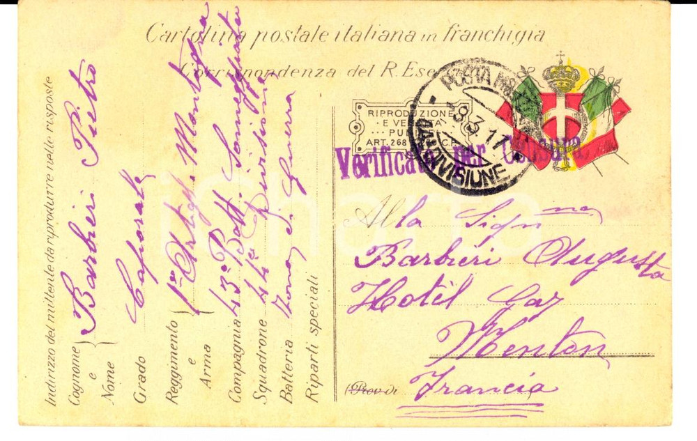 Documento originale, autentico 1917 WW1 1° Artiglieria MONTAGNA ZONA DI GUERRA  ALPINI Cap. Pietro BARBIERI 1