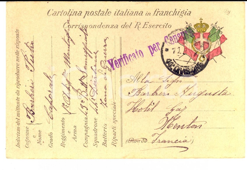 Documento originale, autentico 1917 WW1 1Â° Artiglieria MONTAGNA ZONA DI GUERRA Caporale Pietro BARBIERI ALPINI 1