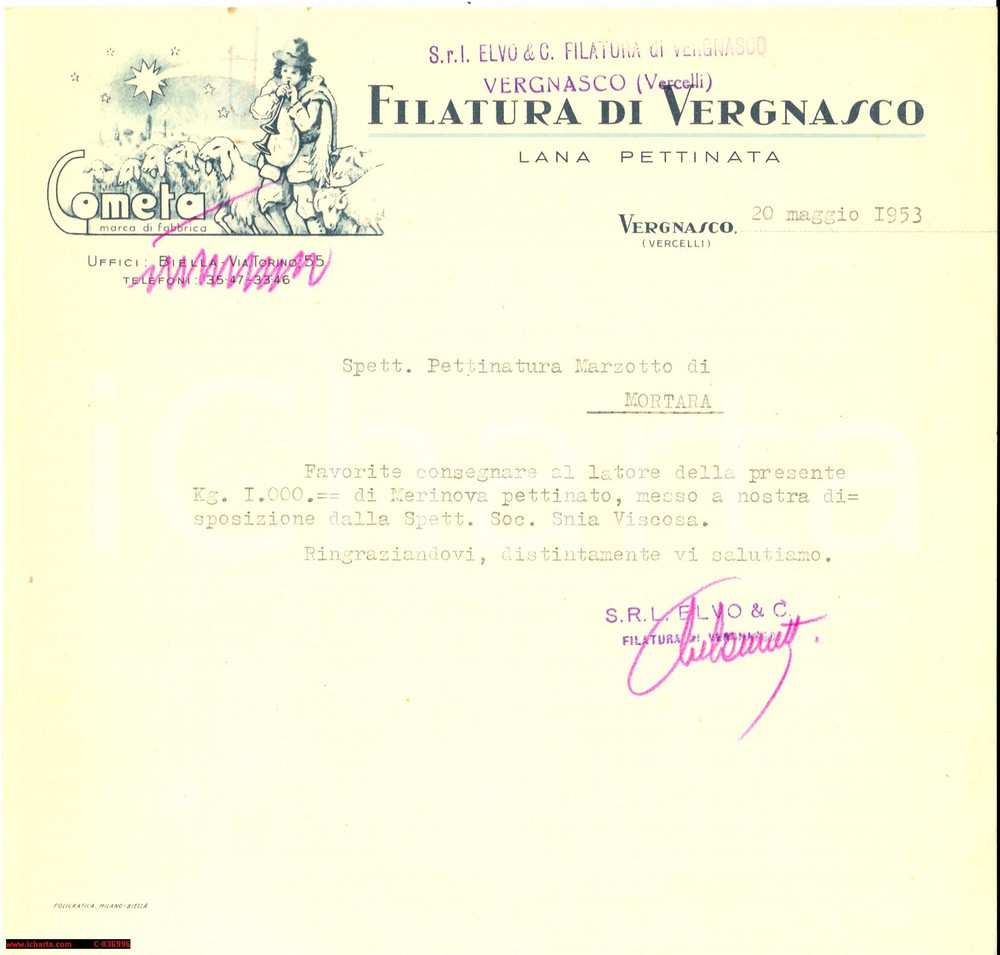 Manoscritto, lettera originale 1953 VERGNASCO Vercelli  Filatura marchio Cometa  lettera commerciale 1