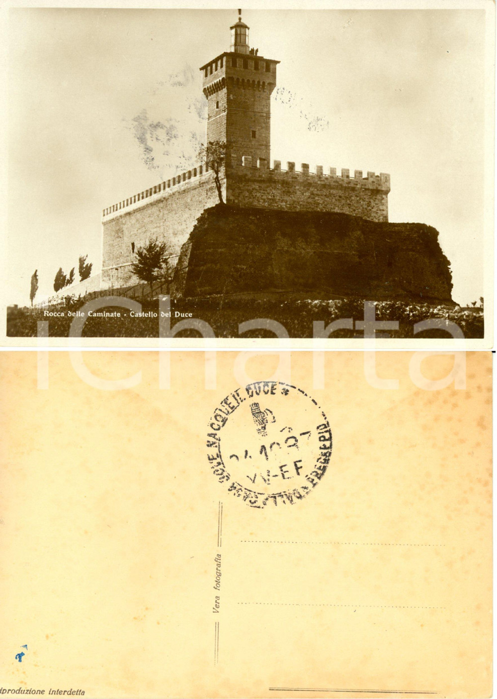 Cartolina originale da collezione 1937 MENDOLA (FC) Veduta della ROCCA delle CAMINATE - Castello del DUCE *FG NV 1