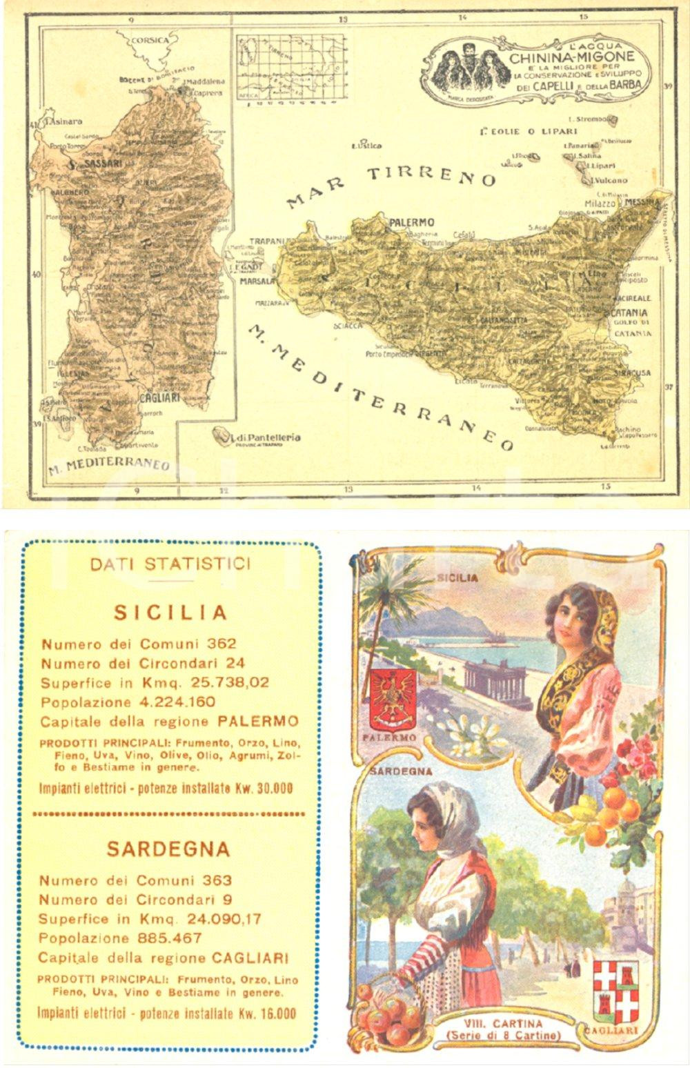 Materiale pubblicitario d’epoca 1920 ca MILANO Acqua CHININAMIGONE Cartolina pubblicitaria SICILIA e SARDEGNA 1