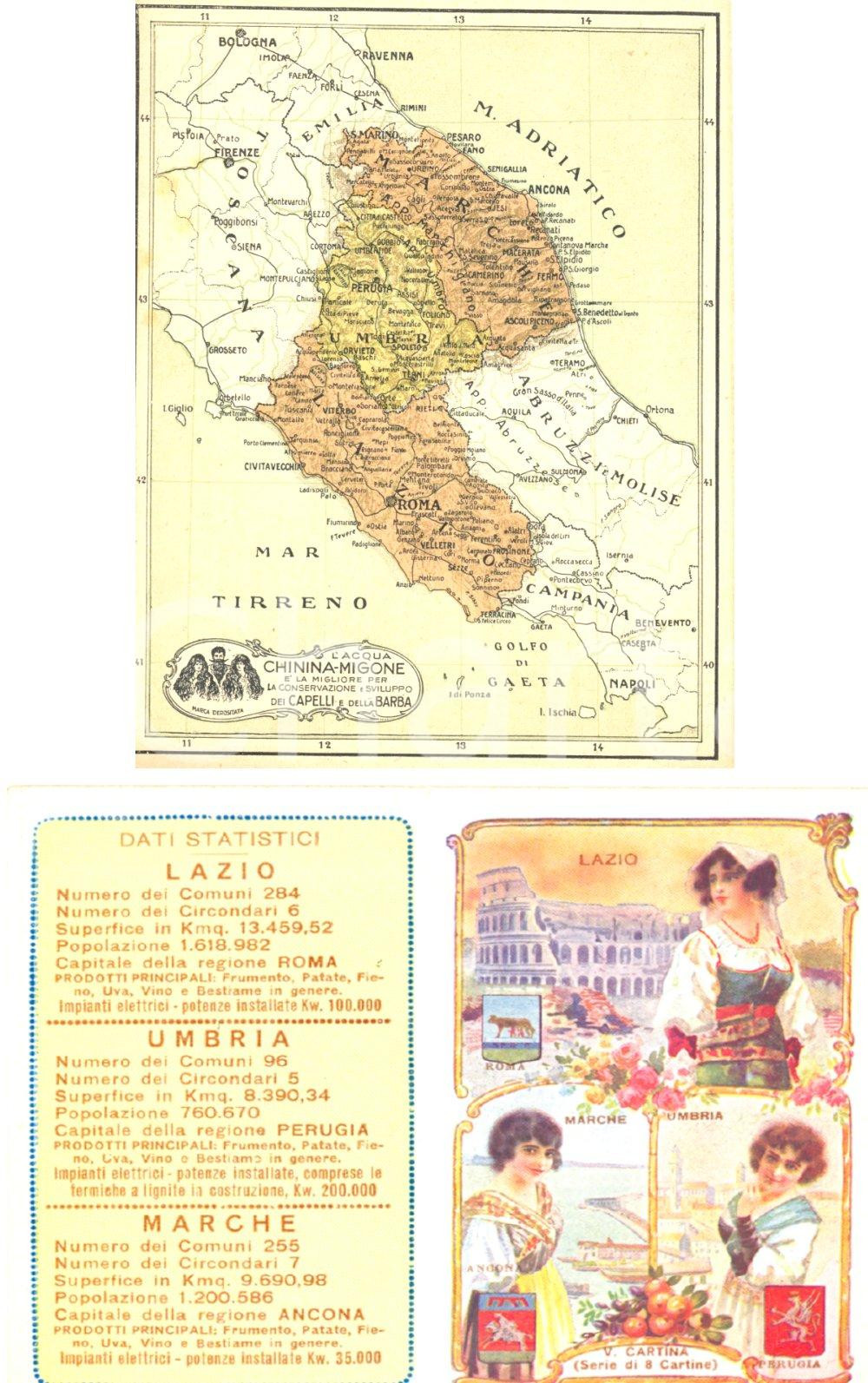 Materiale pubblicitario d’epoca 1920 ca MILANO Acqua CHININAMIGONE Cartolina pubblicitaria LAZIO UMBRIA MARCHE 1