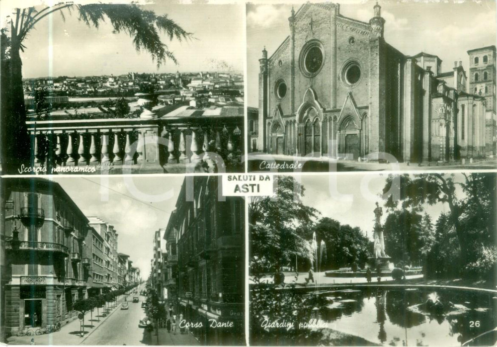 Cartolina originale da collezione 1952 ASTI Vedutine Cattedrale scorcio panoramico Corso DANTE Cartolina FG VG 1