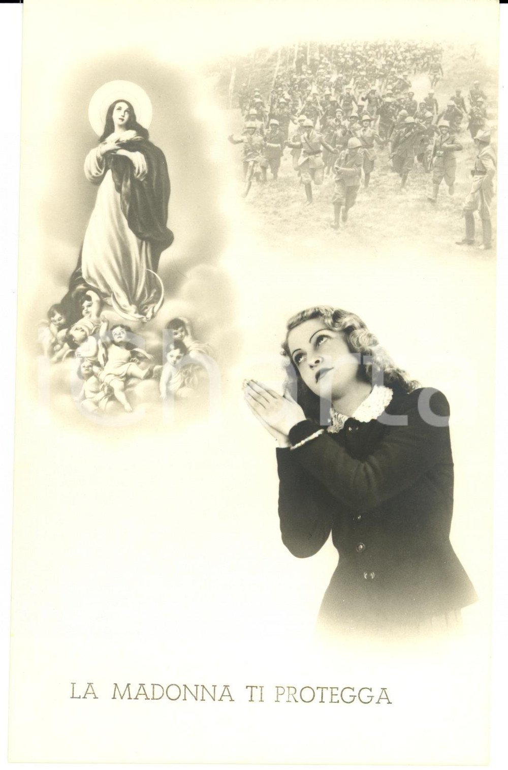 Cartolina originale da collezione 1941 WW2 MADONNA PROTEGGE ESERCITO ITALIANO Donna prega CARTOLINA FP NV 1