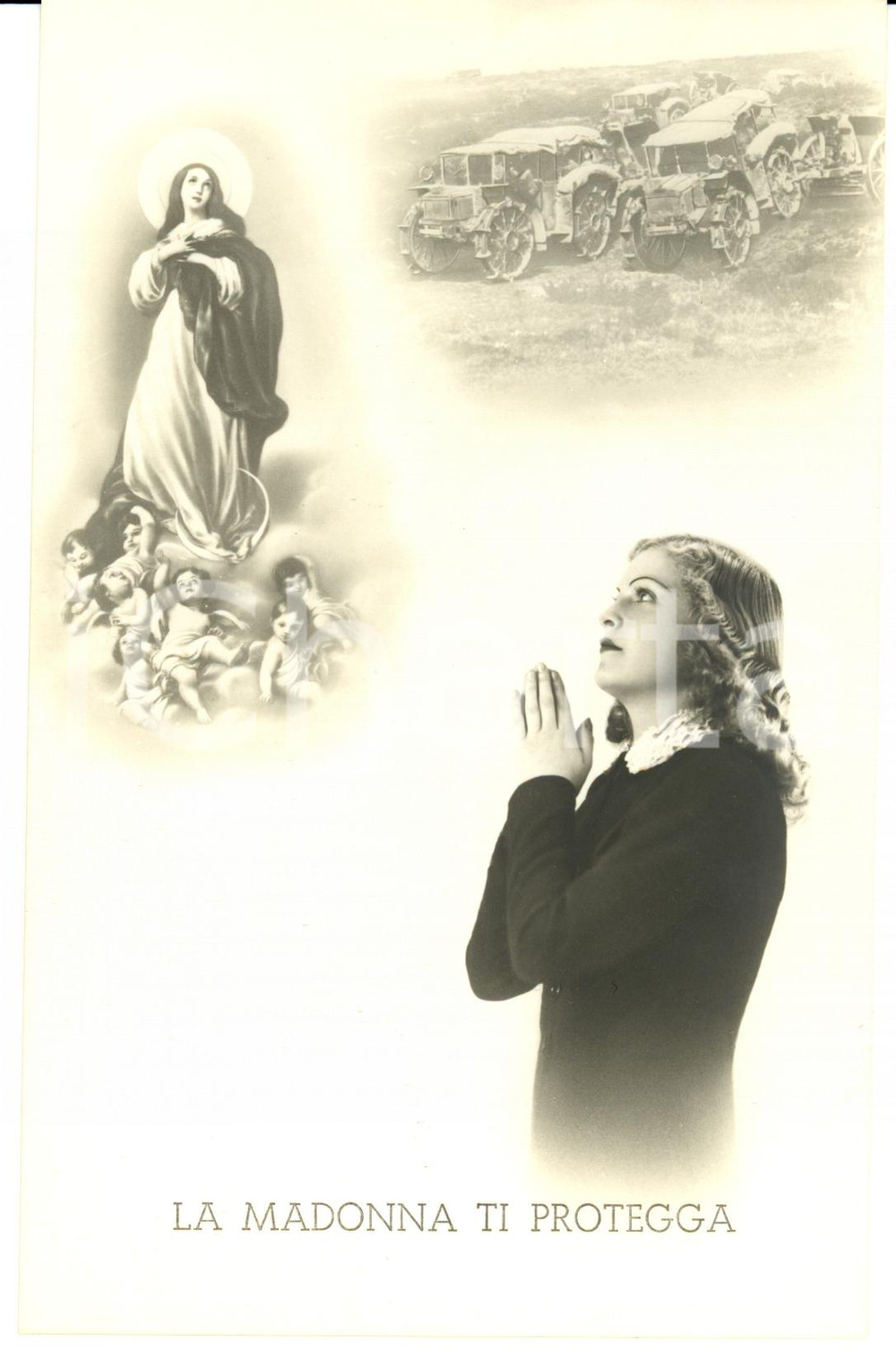 Cartolina originale da collezione 1941 WW2 LA MADONNA PROTEGGE MEZZI ESERCITO Donna prega CARTOLINA FP NV 1