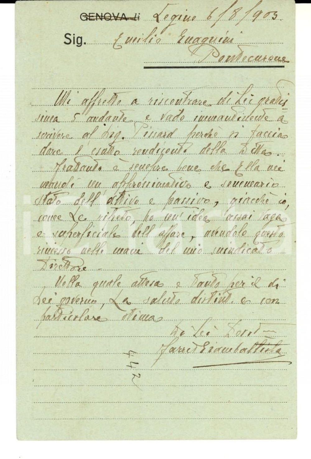 Cartolina originale da collezione 1903 GENOVA Giambattista FARRIS chiede chiarimenti a Emilio GUAGNINI *FP 1
