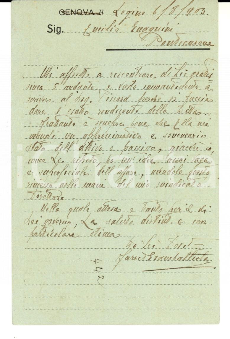 Cartolina originale da collezione 1903 GENOVA Giambattista FARRIS chiede chiarimenti a Emilio GUAGNINI FP 1