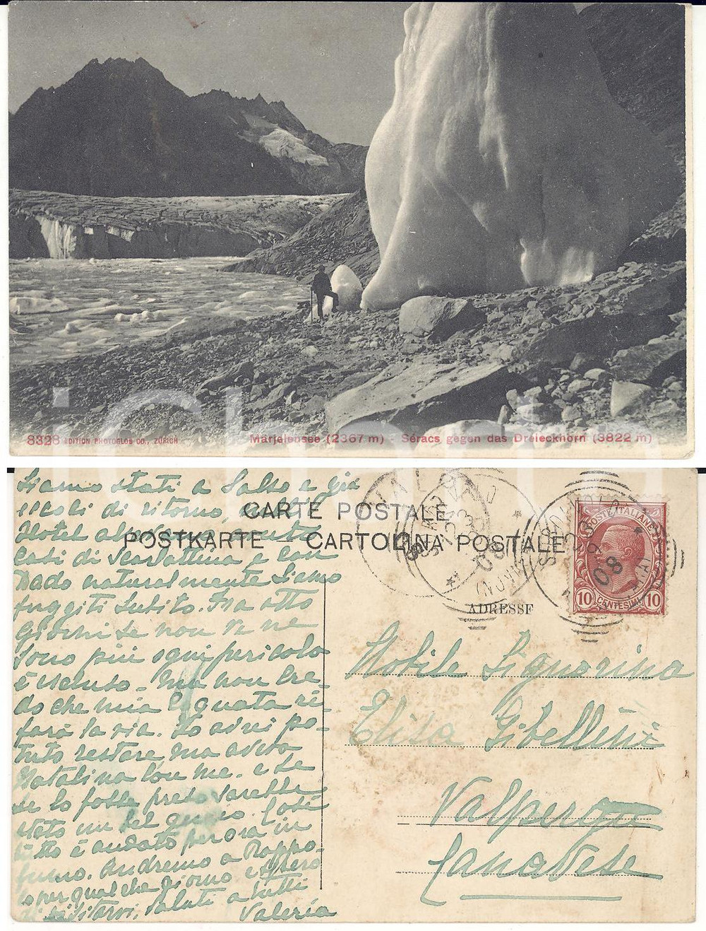 Autografo originale 1908 MARIELENSEE (CH) Dreieckhorn *Cartolina nobili GIBELLINI DI VALPERGA 1
