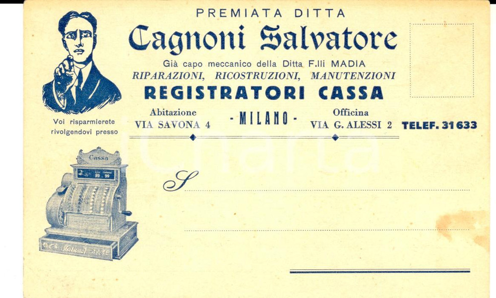 Cartolina originale da collezione 1932 MILANO Salvatore CAGNONI Registratori cassa Cartolina INTESTATA FP 1