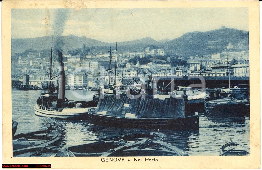 Cartolina originale da collezione 1926 GENOVA PORTO animatissimo con chiatte FP 1